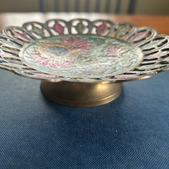 Vintage 5 In Closseine Pedestal Trinket Dish Lace Edge Orange Blue Green - Picture 3 of 8